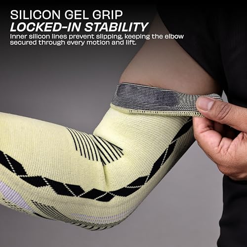 Image of Nivia Knitted Elbow Support with Silicon For Men & Women, Neoprene Compression Sleeve, Anti-Slip Grip, Heat Retention & Joint Stability for Gym, Training, and Injury Recovery(Yellow, Small)