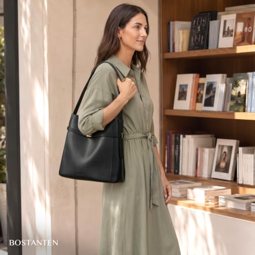 Image of BOSTANTEN Vegan Leather Purses for Women Quiet Luxury Shoulder Bucket Bag | Soft Luxury Tanned Leather, Include Drawstring Pouch, Front Belted Design, Fixed Wide Strap, for Everyday Office Weekend