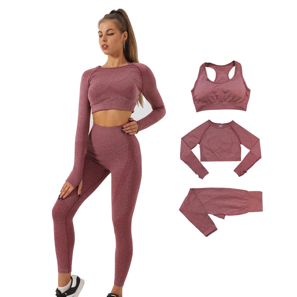 DONYKARRY Conjunto Deportiva para Mujer 2/3 Piezas Top de Manga Larga de Running Pantalones de Cintura Alta Elásticos Leggings de Fitness sin Costuras para Yoga Gimnasio Trotar