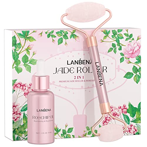 Face Roller, LANBENA Jade Roller for Face Massager, Rose Quartz Facial Tools for Face Care with Rose Oil, Facial Roller for Face Slimmer, Toning and Firming Skin, Reduce Puffy Eyes and Firm Wrinkles