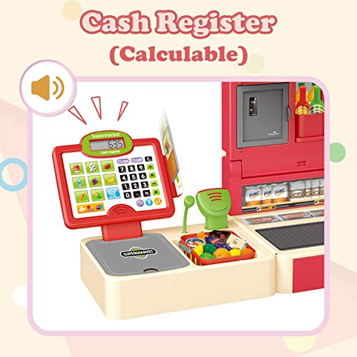 Redcrab Kids Cash Register Playset, Supermarket Pretend Checkout Toy Cash Register With Scanner, Credit Card, Calculator, Play Food, Foldable Cash Register For Kids Ages 3+ Boys Girls, Preschool Gift #TOP2