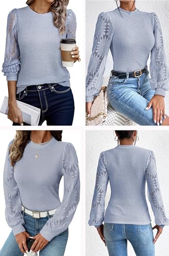 Image of BLENCOT Womens Casual Crochet Top Mesh Lace Long Sleeve Shirts Waffle Knit Blouse Crewneck Shirt Fall Womens Tops Pullover