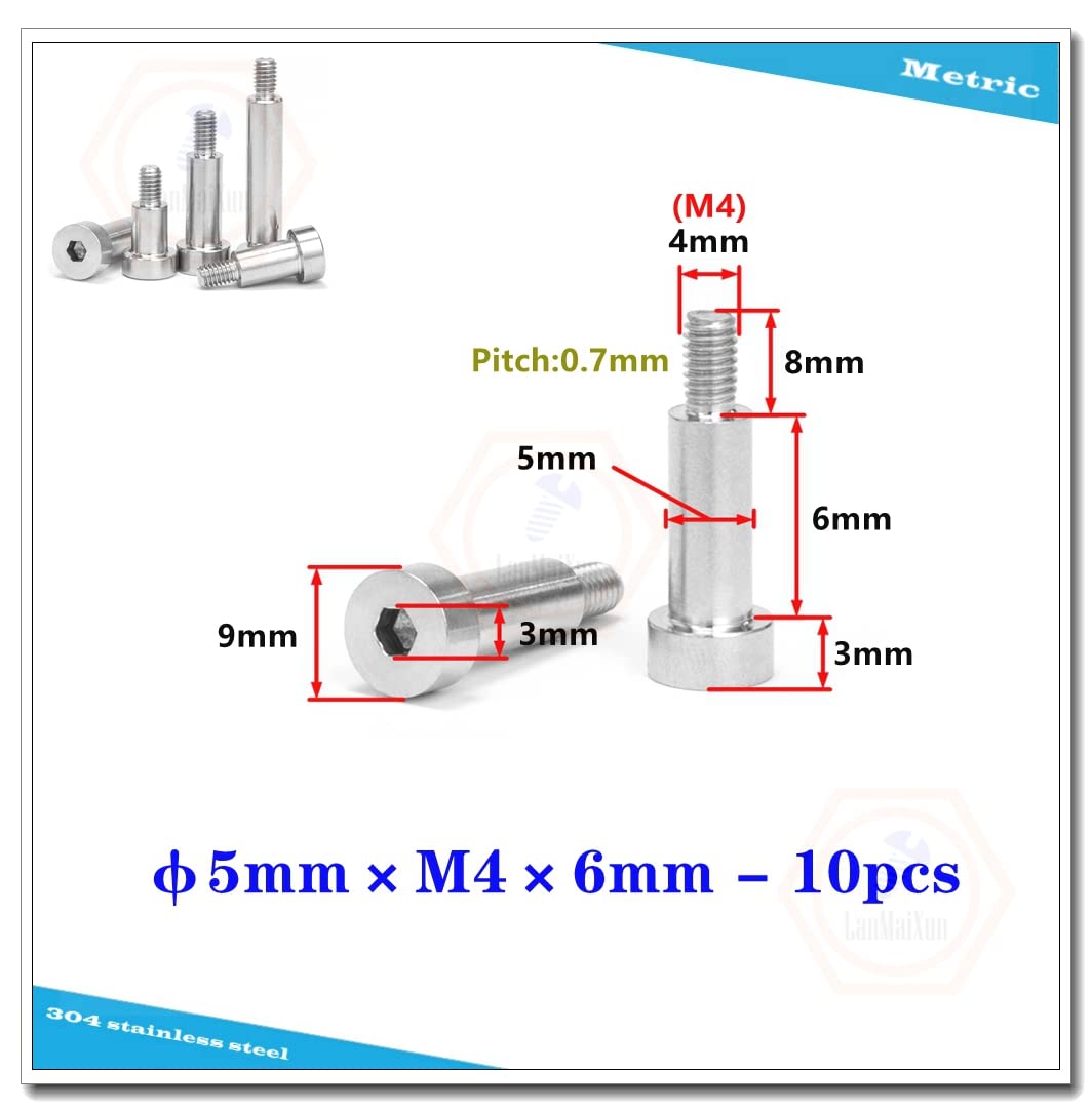 φ5mm×M4×6mm-10pcs 304 Stainless Steel Hexagon Socket Shoulder Bolts,5mm Shoulder Diameter, 6mm Shoulder Length, Thread Size M4-0.7mm