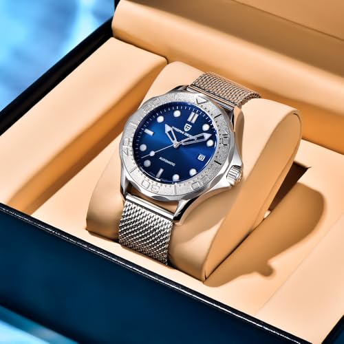 TYBERLEY Pagani Desgin 1818 Montre mécanique Classique pour Homme Mouvement Japonais Lunette en Acier Inoxydable Étanche jusqu'à 100 m Montre de plongée Automatique Affichage de la Date, Maille Bleue – vue 3