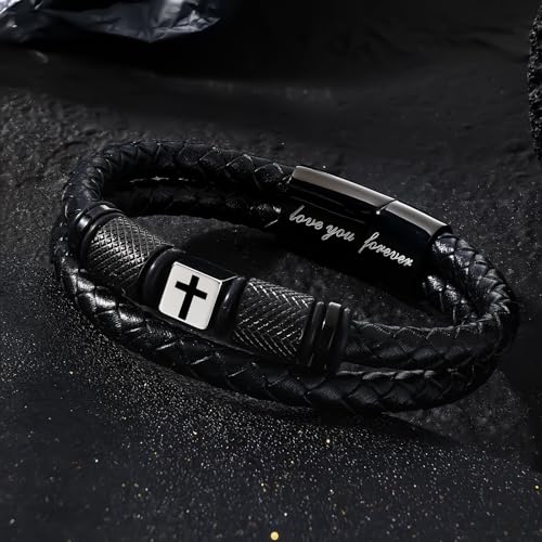 Pulsera de cuero trenzado con cruz cristiana para hombre miniatura 5