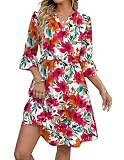 Zeagoo Robe Femme Estivale Manches 3/4 Fleurie Robes Lâches Longueur Genou Robe Légère Élégante avec Poches Floral E XL