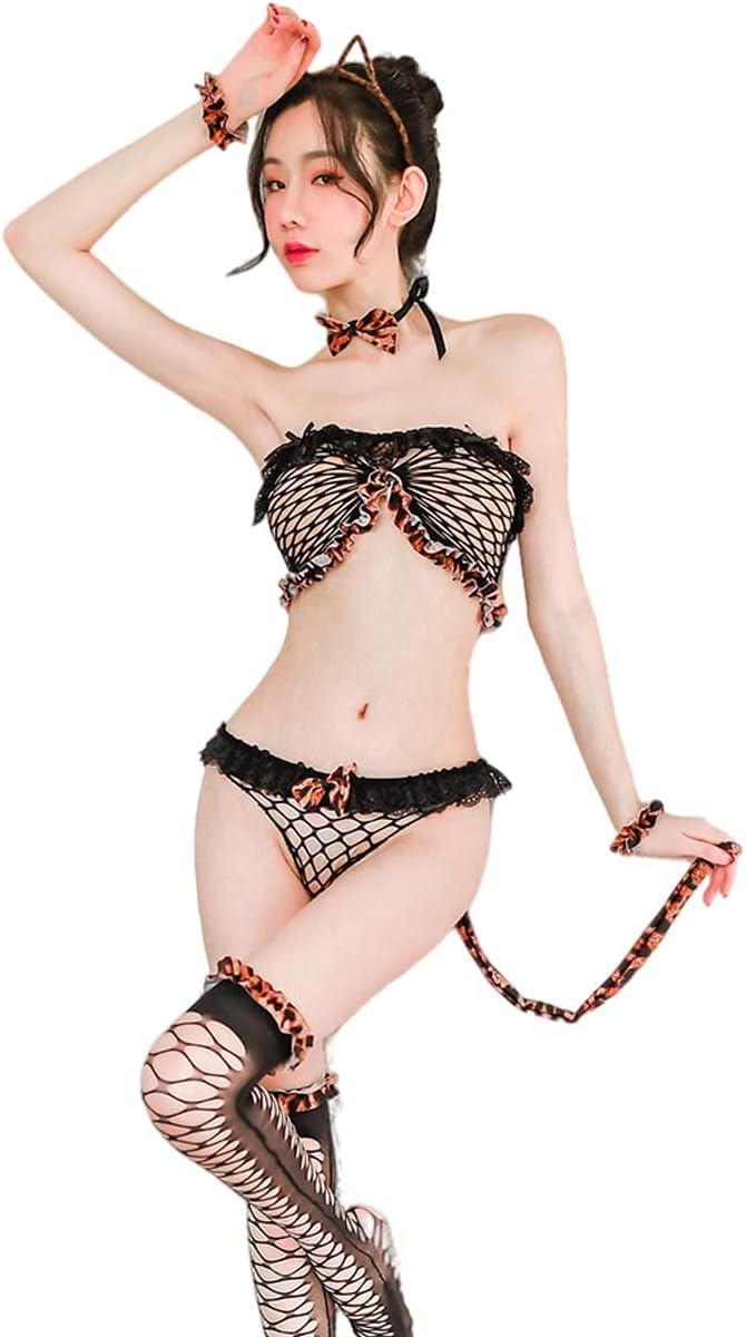 SINMIUANIME Women Lingerie Teddy Underwear Leopard Rabbit Costume Cosplay Lingerie Babydoll Jumpsuit Set