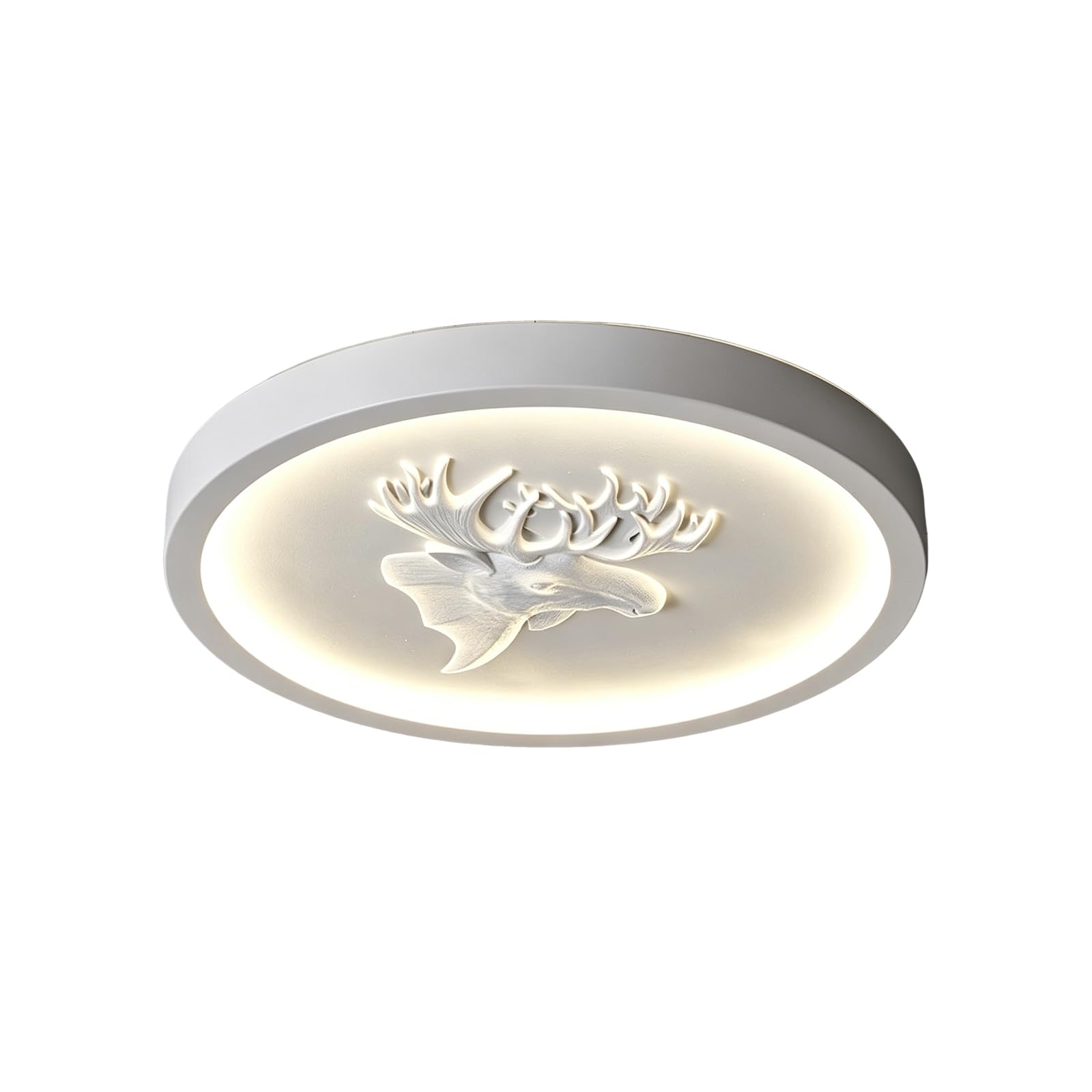 YNVIOZM Round LED Ceiling Light White Resin Carved Deer Head Flush Mount Ceiling Lamp, 3 Color Temperatures Adjustable Lighting Fixtures for Bedroom, Kitchen, Living Room, Office, and Hallway.