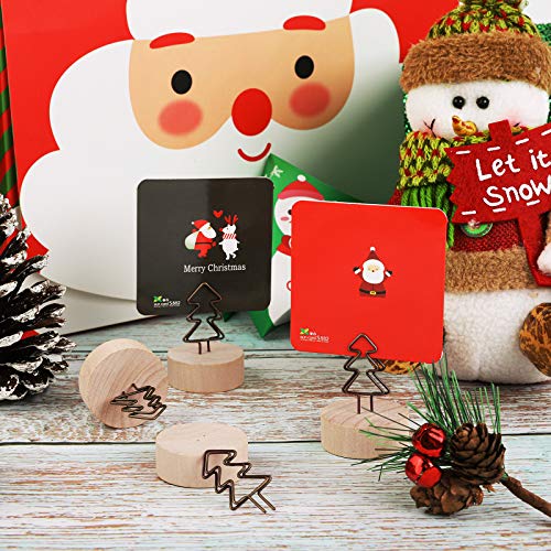 ADXCO 24 Pack Christmas Party Decoration Card Holders Wooden Base Card Holders Rustic Iron Wire Picture Picks Clip Holder Picture Memo Note Photo Clip for Wedding Office Christmas Table Decorations