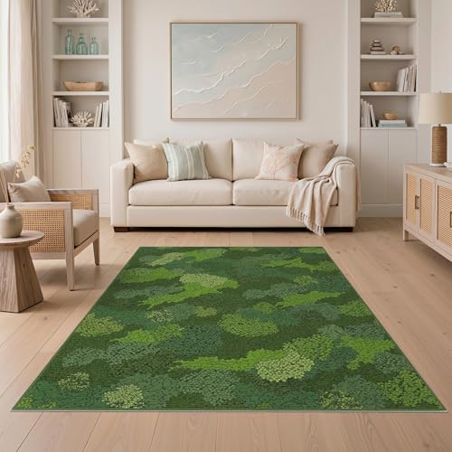 ODIKA 5'x7' Washable Modern Abstract Area Rug, Moss Green Non-Shedding Pet Friendly Carpet Easy Care Kids Safe Mat for Small Living Room, Playroom, Bedroom | Ref:2025535