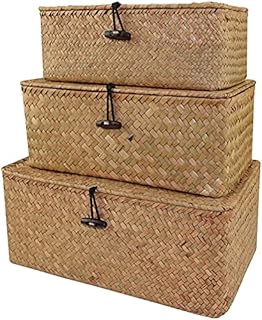 Set of 3 Wicker Storage Baskets with Lids, Natural Rattan Woven Rectangular Organizer Box, Seagrass Laundry Baskets Makeup Organizer for Bedroom Closet, Living Room, Household