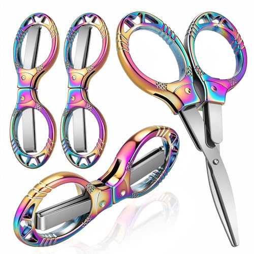 4 Pcs Folding Stainless Steel Mini Scissors Portable Foldable Safety Pocket Design Badge Small Travel Scissors All Purpose for Nurse Accessories Travel Office Craft Sewing Home School (Color)