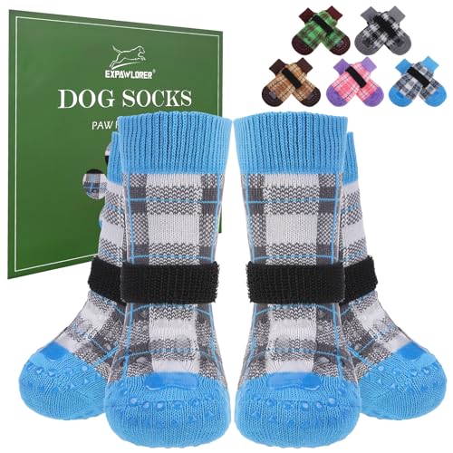 EXPAWLORER Dog Socks to Prevent Licking Paws, 5 Pcs Double Sided Anti Slip Dog Socks with Grippers, Dog Shoes Grips for Hardwood Floors, Dog Booties for Small Medium Large Senior Dogs, Blue XL