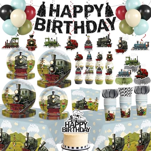 Yingoto 209pcs Train Birthday Decorations for 25 Guests Disposable Tableware Set with Banner Balloons Cupcake Toppers Plates Cups Napkins Tablecloth Easy Assembly Train Party Decorations
