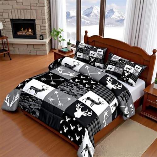 Image of Camo Deer Boys Twin Comforter Set,Deer Antlers Silhouette Black Grey Camouflage Quilt Set for Kids Adults Room Decor,Wild Animals Hunting Adventure Rustic Comforter,Geometric Plaids Arrow Bedding Set