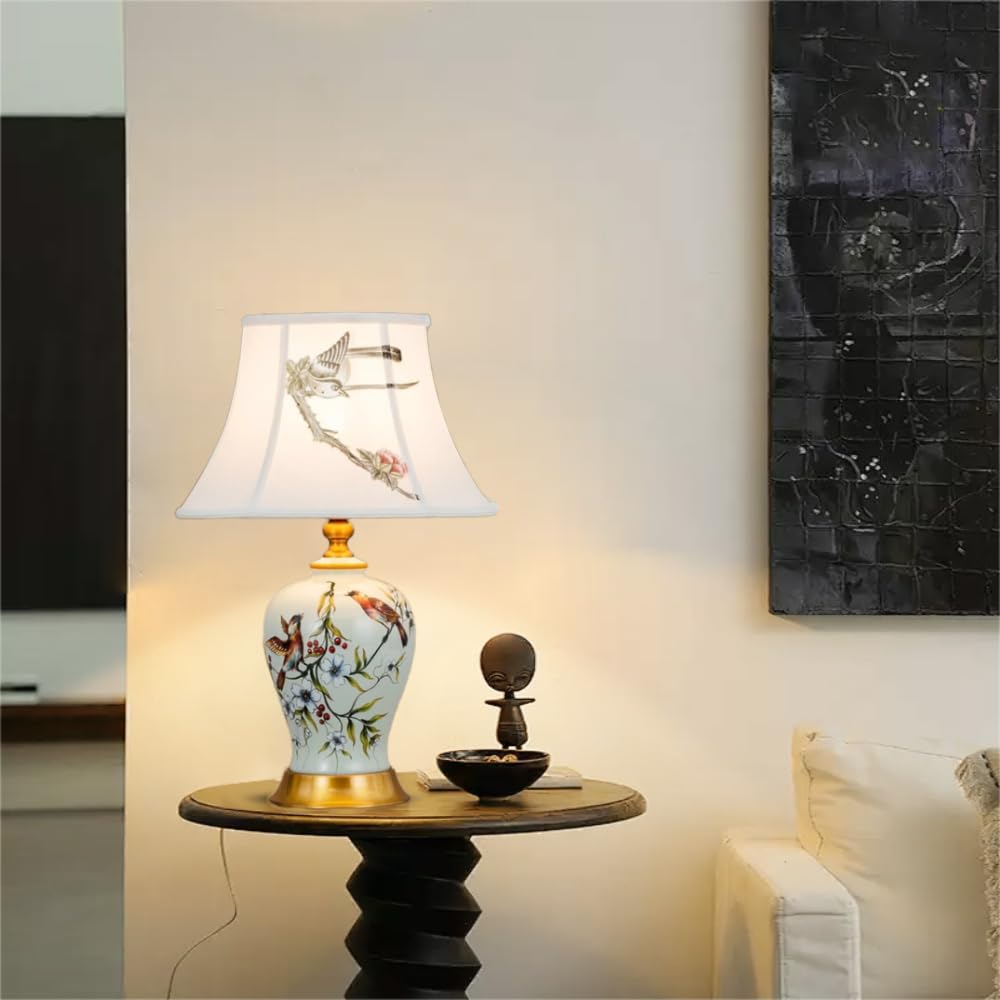 XINYASEE Lampade da tavolo in ceramica, lampada da tavolo per camera da letto con vaso a forma di uccello e fiore, lampada da comodino per soggiorno E27, paralume in tessuto (Bianco)