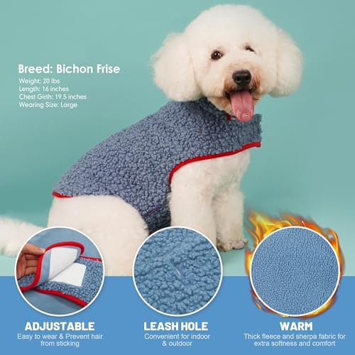 Image of cyeollo Sherpa Dog Coat Reversible Dog Jackets for Small Dogs, Blue, S | Warm Fleece Winter Sweater, Turtleneck Pet Vest, Adjustable Fit, Easy On & Off, Leash Hole for Cold Weather Outdoor Walks