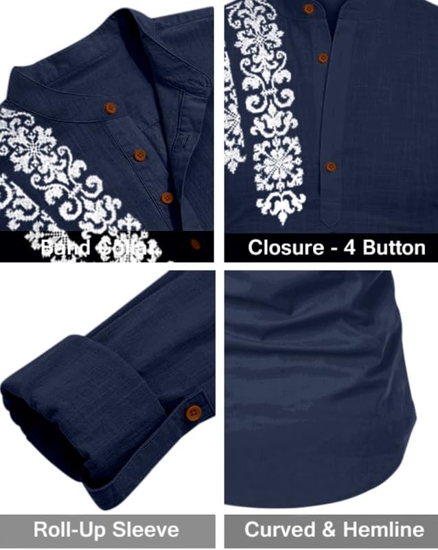 Image of FINIVO FASHION Men's Cotton Blend Short Kurta Shirt | Casual Ethnic Wear with Roll-Up Sleeves & Mandarin Collar | Comfortable Fit Tunic for Festive, & Summer Outings