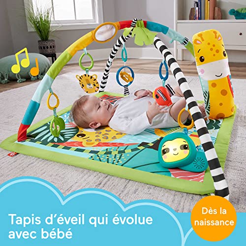 Fisher Price Tapis de jeu 3 en 1 sur le thème de la jungle pour jouer sur le ventre avec 6 jouets sensoriels lumineux et sonores et arche ajustable Jouet Éveil Dès HJW08 - vue 2