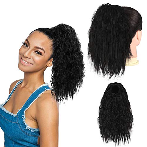 Curly Drawstring Ponytail Extension for Women, Sidaila 10 Inch Short Corn Wavy Ponytail Clip in pony tails hair extensions for African American Women (1B)