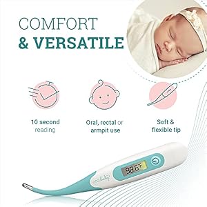 OCCObaby Clinical Digital Baby Thermometer - LCD, Flexible Tip, 10 Second Quick Accurate Fever Read Rectal Oral & Underarm Use Waterproof Thermometer for Kids OCCObaby Clinical Digital Baby Thermometer – LCD, Flexible Tip, 10 Second Quick Accurate Fever Read Rectal Oral & Underarm Use Waterproof Thermometer for Kids