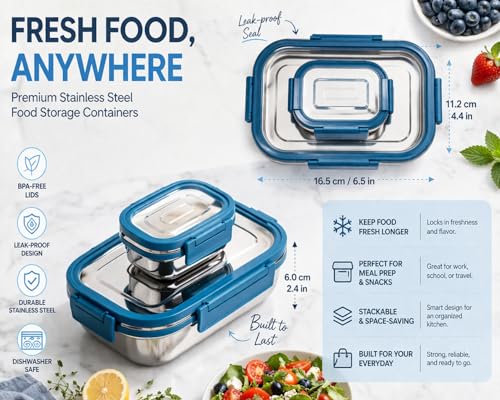 Image of CULINARY CRAFTS Stainless Steel Tiffin Lunch Box Container /Dabba with 4 Side Clip Lock Lid for Office & School Use /Food Grade /Air Tight /Easy to Carry /Leak Proof(900ml 1pc + 200ml 1 Pc) Blue
