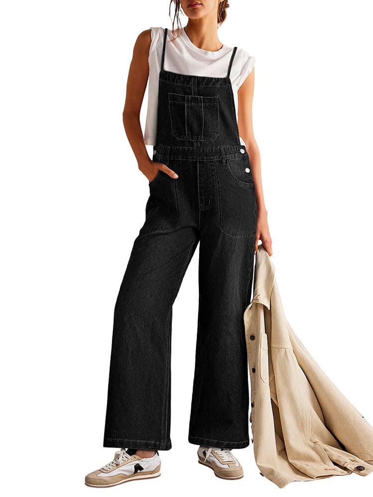 Sovoyontee Damen Latzhose Sommer Oversize Trägerhose Beiläufig Loose Denim Bib Pants Overall Jumpsuit Strampler Schwarz M