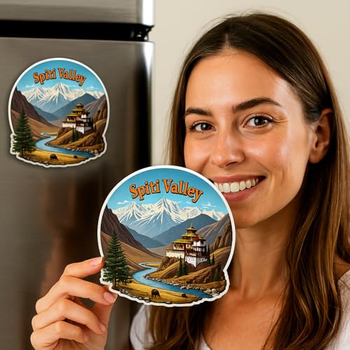 Image of Naxon Spiti Valley Himachal Pradesh Theme Souvenir Wooden Refrigerator Stylish Fridge Magnet - Travel Collectible Gift | Fridge Decoration Magnet for Kitchen & Home Decor | Size 3x3 Inches | Pack of 1