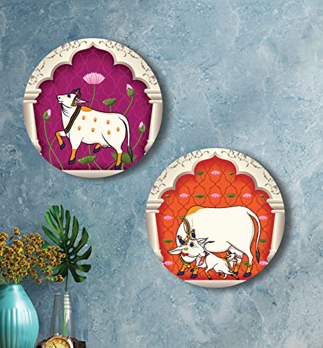 Image of SAF Wood Round Shape Pichwai Cow Art Mdf Wall Painting For Living Room 12X12 Inch Lrb18-L2