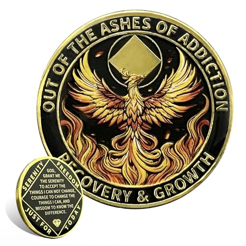 Leafence Phoenix Recovery Coin with Serenity Prayer Commemorative Addiction Recovery Medallion Sobriety Coin NA AA Chips Challenge Coin Narcotics Alcoholics Anonymous (Phoenix Recovery, 0 Years)