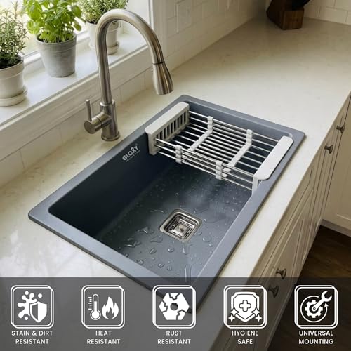 Image of Gloxy Granite Quartz Kitchen Sink 21x18x9 Inch - Premium Black Matte FInish Quartz Single Bowl Sink For Kitchen With Coupling Hose Pipe and Drainer Basket - Undermount /Topmount - 3 Years Warranty