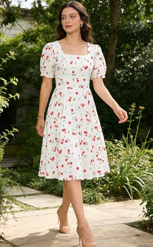 Image of Belle Poque Women's Vintage Midi Cottagecore Cocktail Dresses | Belle Poque Women's Vintage Cottage Core Dress,A-line,Midi,Square Neck,Homecoming Dress,Cocktail Dress,Sun Dress