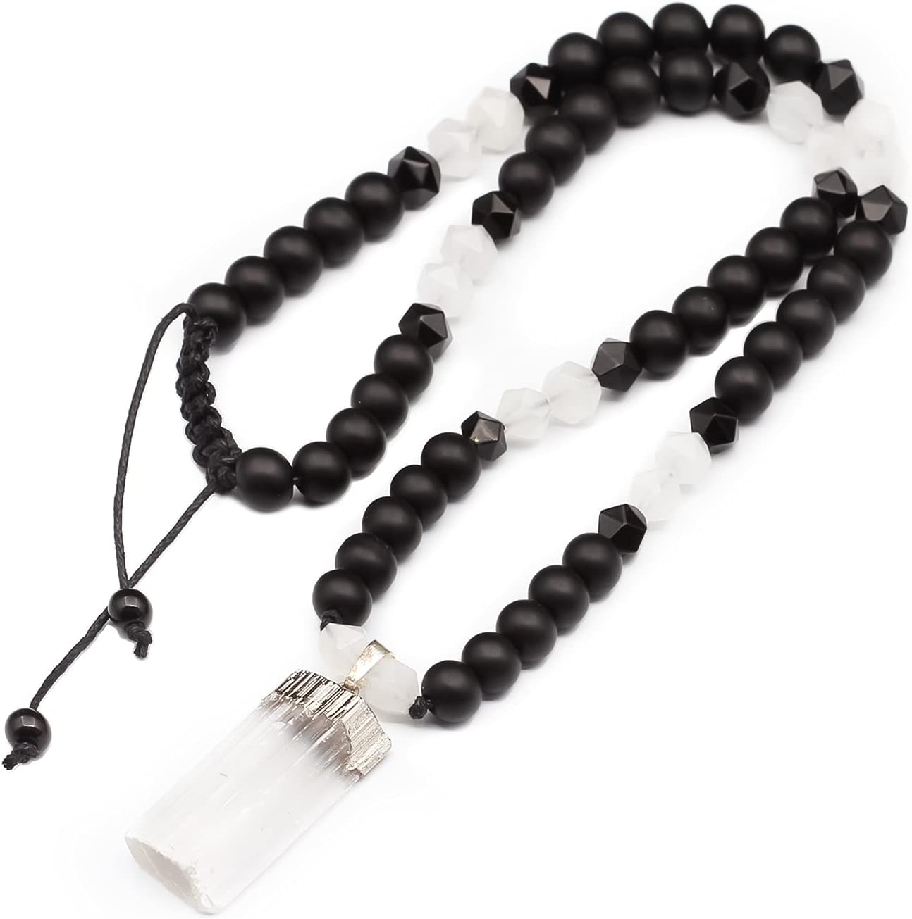 Natural Raw Selenite Pendant Necklace Natural Quartz Black Onyx Beads Macrame Beaded Necklace Adjustable Long Necklace Women's