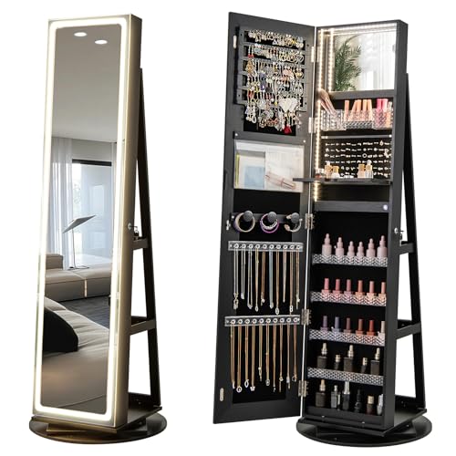 CHARMAID 360° Rotating Jewelry Armoire with LED Lighted Full Length Mirror