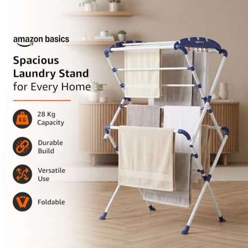 Image of AmazonBasics Clothes Stand for Drying | Foldable & Portable | 13 Hanger Rods and 10 Additional Hooks | Anti Rust Mild Steel