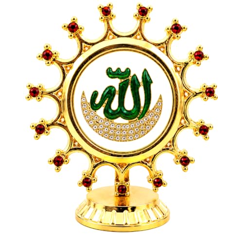 Image of Allah Calligraphy Idol Metal Gold Plated for Home, Prayer, Islamic Elegant Showpiece in Crystal Stones & Sunburst Design for Office, Car Dashboard & Gifts
