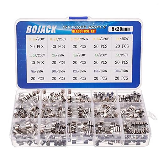 BOJACK 15 värden 300 st snabbblåsbara glassäkringar sortimentsats 5 x 20 mm 250 V 0,1 0,2 0,25 0,5 1 1,5 2 3 4 5 8 10 12 15 20A förpackning i en klar plastlåda