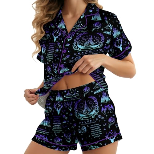 Image of HUNTFAMI Women Silky 2 Pcs Satin Pajama Set Long Sleeve Button Down | Satin pajama set; Short-sleeves in a coordinated 2-piece; funny printed; colourful style