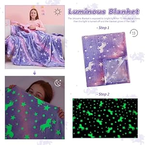 QSTEHEML Purple Unicorns Gifts Toys for Kids GirlsGlow in The Dark Blanket Birthday Christmas Easter Presents Soft Throw for Age 3 12 Years Old Toddler Teens Child Daughter Grandkids 50×60