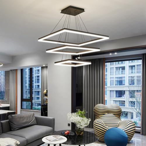 Image of Modern Ceiling Pendant Lights, 3 Layer Square Black LED Chandelier for Dining Room Table, Dimmable 3000K-6500K, Adjustable Height Kitchen Island Hanging Lighting Fixture for Living Room Bedroom Bar