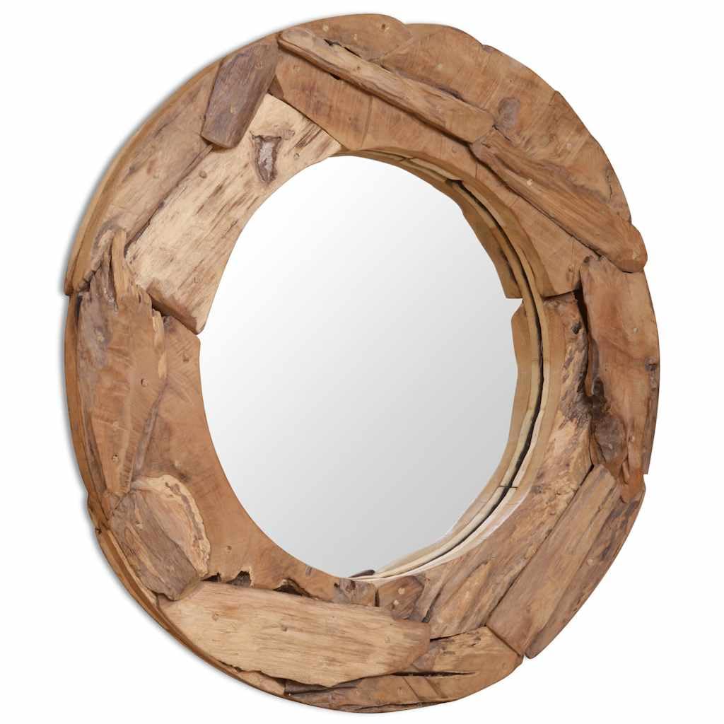 Espejo decorativo de teca redondo de 80 cm con cristal, espejo de pared para pasillo, baño, gancho para colgar, espejo de cuerpo entero en estilo vintage para decoración de tocador
