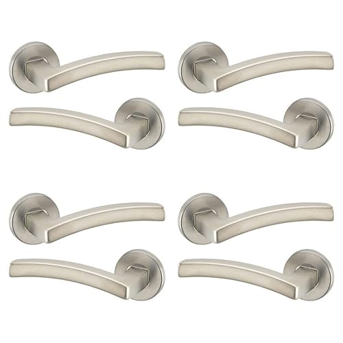 Urbnliving Satin Harcourt Metal Door Easy Fittings Lever Handles Set, Polished, Rose Round, Fire Stain & Scratch-Resistant For All Type Interior Exterior Door With Easy Install Hardware Tool 4/6 Pcs Small