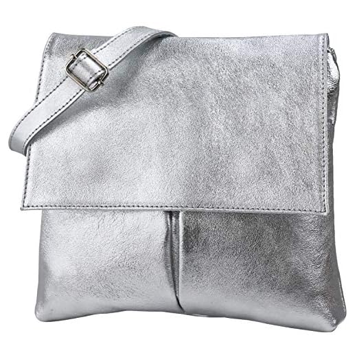 SH Leder Kim G182 - Borsa a tracolla in vera pelle, 26 x 25 cm, argento metallizzato, M