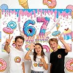6 7 Birthday Decorations Funny 6 7 Meme Donut Theme Happy Birthday Backdrop Blue and Pink Six Seven Party Photo Booth Background for Birthday Party Photography 6 x 3.6 ft - Image 3