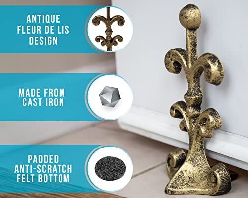 Fleur De Lis Cast Iron Door Stop | Decorative Door Stopper Wedge | With Padded Anti-Scratch Felt Bottom | Antique Vintage Design | Solid And Heavy Duty| 4X3.5X7.75" | Gold With Black By Comfify #TOP6
