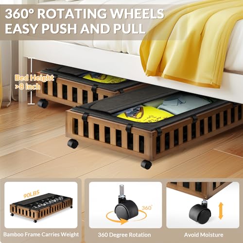 Gashell 2 Pack Bamboo Under Bed Storage with Wheels, 39”x20”x7.8” Lager Under Bed Storage Containers (Brown) by Gashell - Image 4