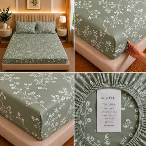 Image of Castiqa Elastic Fitted Supersoft Premium Polycotton 200TC King Size Bedsheets with 2 Pillow Covers | No Slip Bedsheet | (Green Tree, King (72x78 Upto 10 inch Mattress))