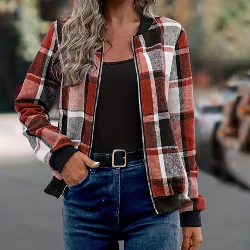 Plaid Bomber Jacket Women Zip Up Barn Jackets Lightweight Long Sleeve Shacket with Pockets Casual Fall Outfits 20252