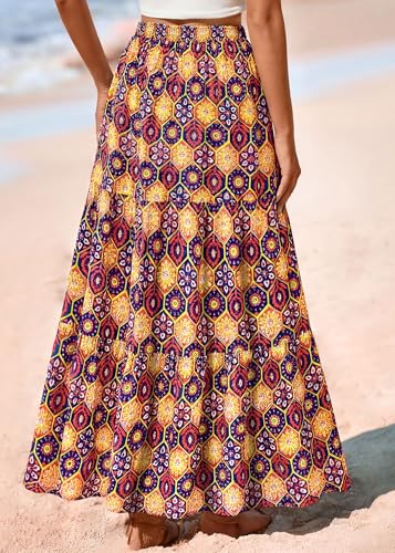 Image of KIRUNDO Maxi Skirts for Women Summer Boho Floral Long Skirt | High Waist Tiered Flowy Skirt, 2026 Spring Fall Fashion, Casual Teacher Outfits, Beach Vacation Clothes, Cruise Resort Wear