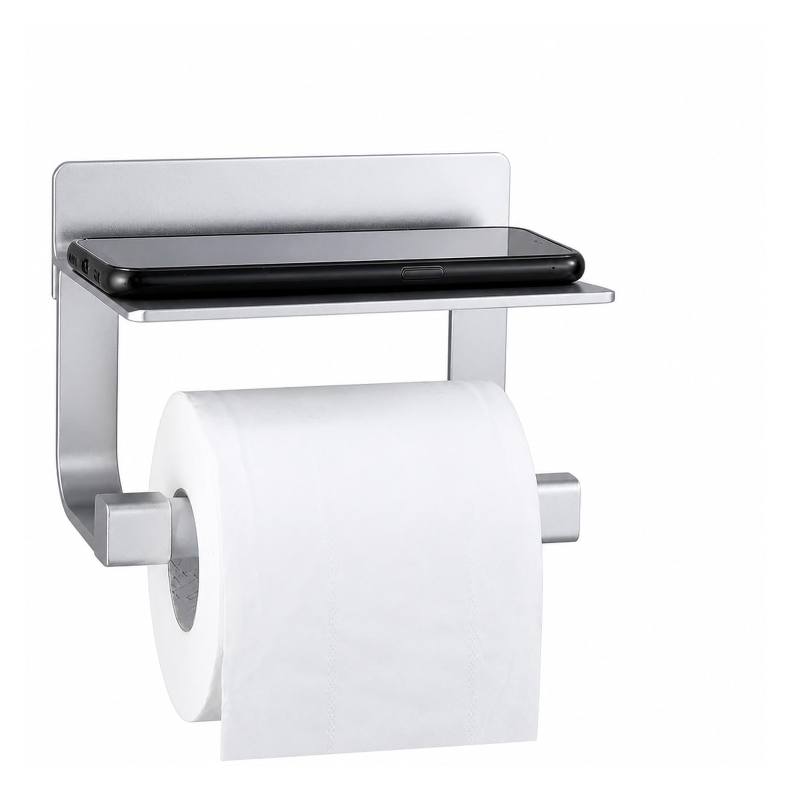Aluminiowy uchwyt na papier toaletowy | Wielokolorowy standard do łazienki: aluminiowy schowek 2 w 1 bez wiertarki z półką na telefon(Silver)